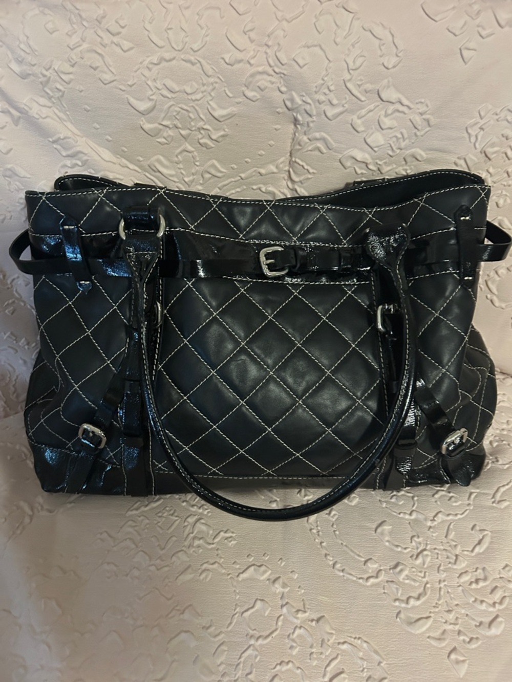 Cavalcanti Quilted Black Shoulder Tote Bag with Contrast Stitching